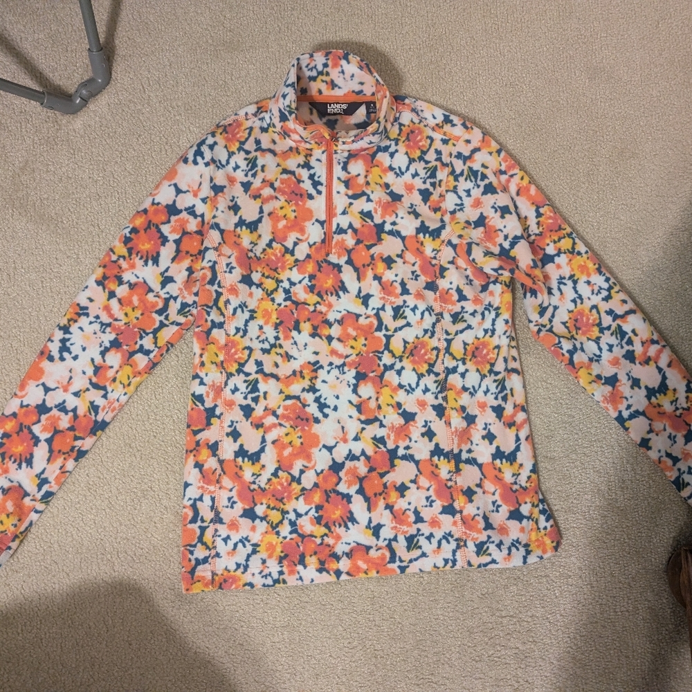 New Lands End Women's Small Quarter Zip Orchad Orange And Navy Floral Print